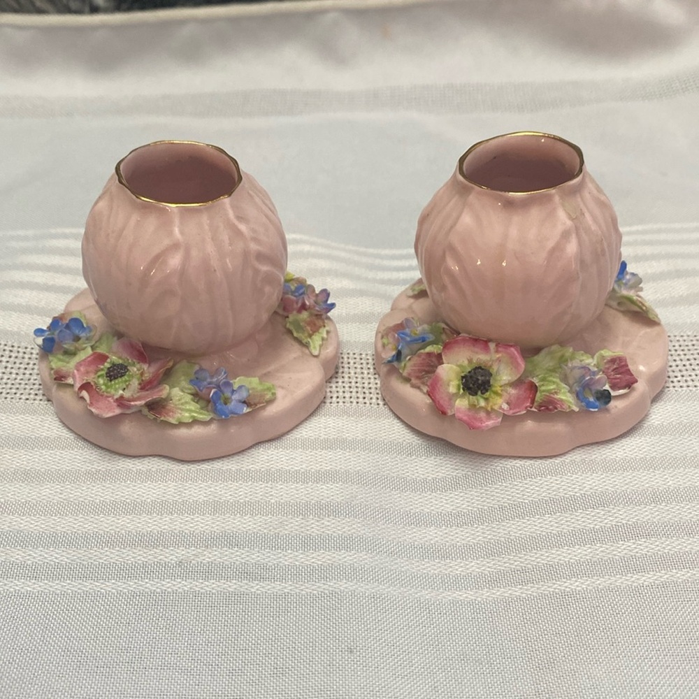 Vintage Radnor hand painted porcelain candle stick holders.